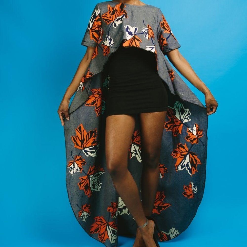 OFUURE Hi-Low Blue Leaf Ankara Top- Womens Medium